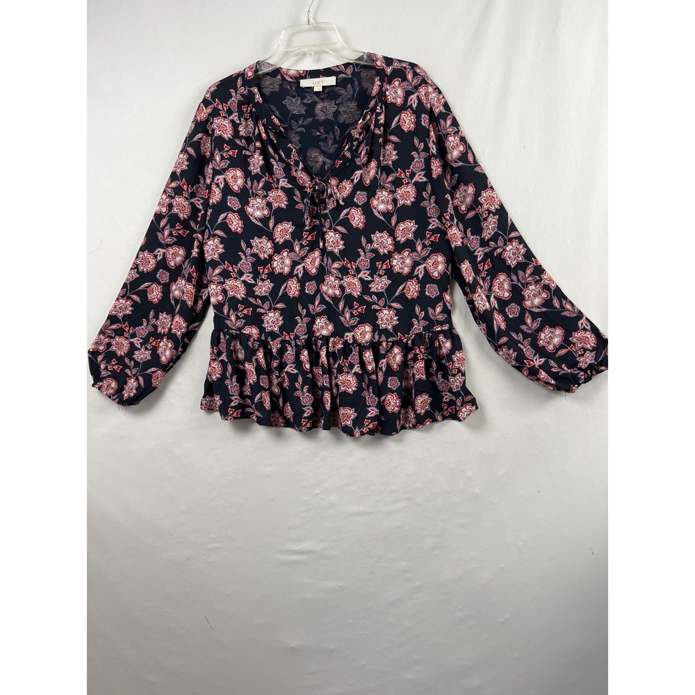 LOFT Blouse Womens L Navy Blue Excellent Floral Paisley Peplum Tie-Neck Top
